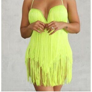 Neon Yellow Fringe Mini Dress With Spaghetti Straps